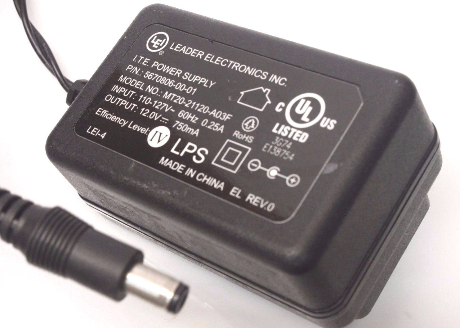 Brand new LEI MT20-21120-A03F 12V 750mA AC DC Power Supply Adapter Charger Specification: Brand:L